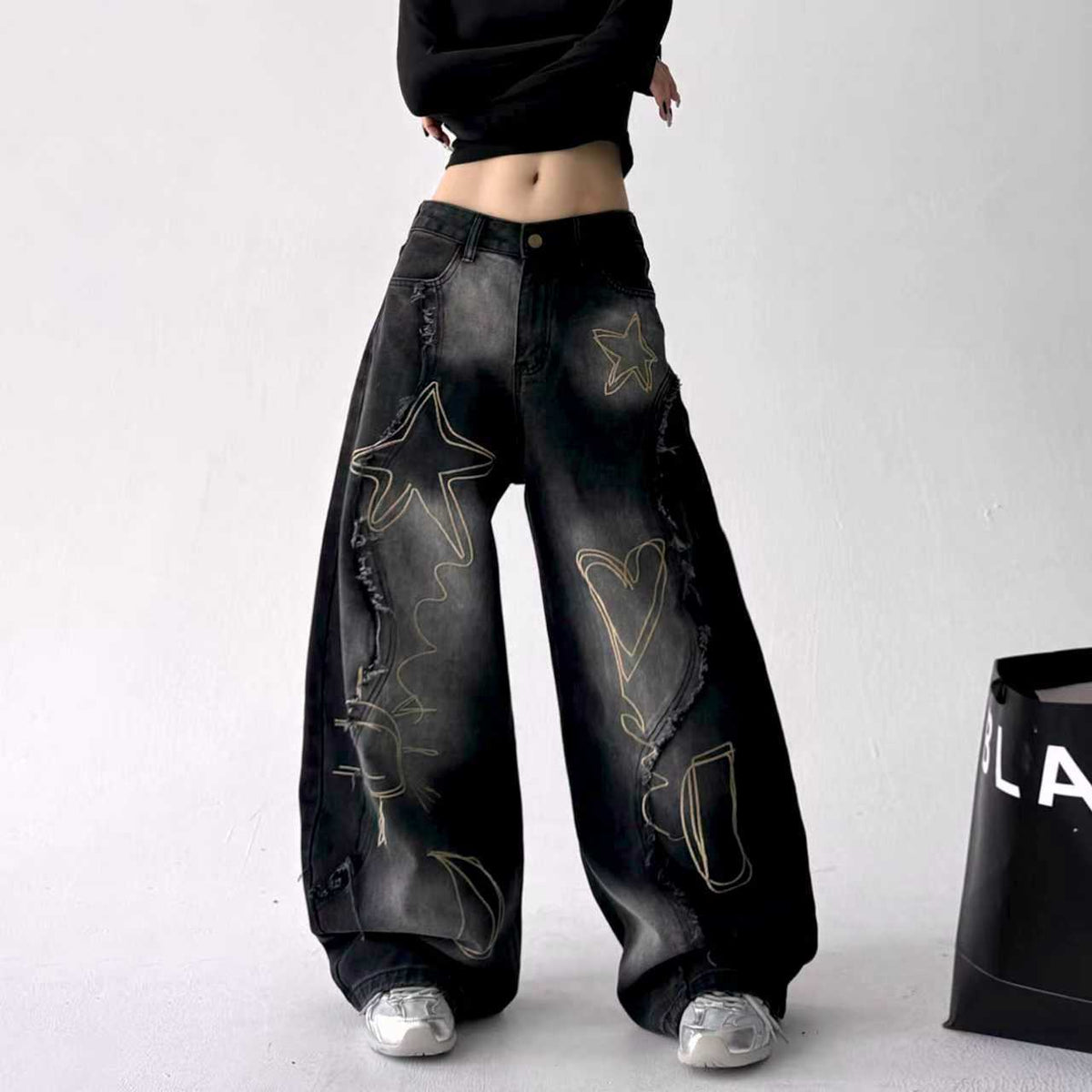 Y2k Vintage Washed Big Pocket Curved Baggy Wide Leg Jeans Streetwear